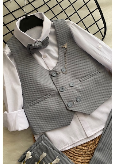 Matrix Yelekli Zincirli Erkek Çocuk Takım Elbise Gri