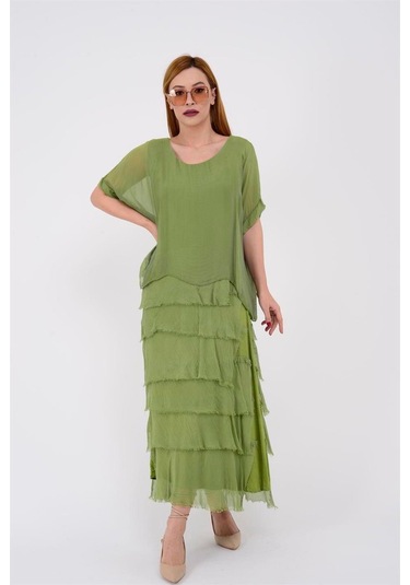 İtalyan 2 Beden İnce Gösteren Yarım Kol Kat Kat Ipek Elbise Fıstık Yeşili