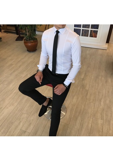 Italyan Stil Slim Fit Erkek Kravat Yaka Gömlek Beyaz T4775