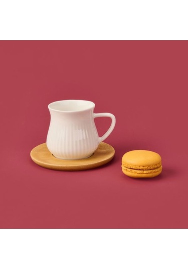 Mien Bambu Tabaklı Çizgili Fincan Seti - Açık Kahverengi / Beyaz - 100 Ml Açık Kahverengi / Beyaz