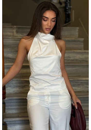 Madmext Beyaz Halter Yaka Saten Bluz Mg2685