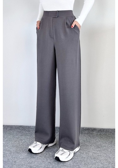 Kadın Likralı Cırt Kapama Lacivert Geniş Paçalı Rahat Palazzo Pantolon Gri