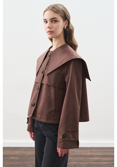 Geniş Yaka Gabardin Ceket Çikolata Çikolata