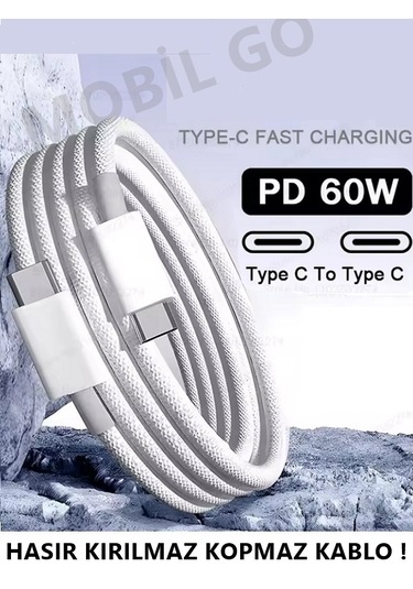 İphone Samsung Xiaomi Huawei Type-c To Type-c 60w 1m Halat Örgü Hızlı Şarj Ve Data Kablosu 100 Cm