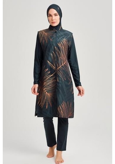 Haşema 3049 Yeşil Gold Yaprak Detaylı Jileli 5 Parça Tesettür Mayo Takımı Çok Renkli