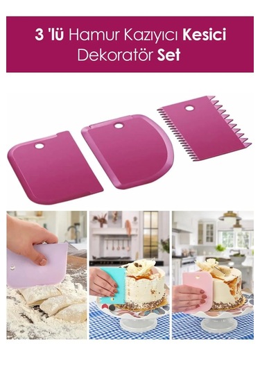 Rotanev 3 Parça Plastik Pasta Hamur Krema Şekillendirici Kesici Kazıyıcı Dekoratör Spatula Set Çok Renkli