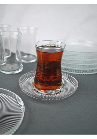 18 Parça Cam Çay Seti Takımı - Pasta Tabağı - Çay Bardağı Ve Çay