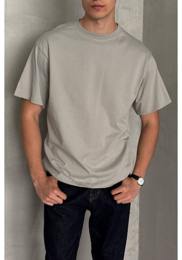 Hyman Erkek %100 Pamuk Oversize Basic T-shirt Gri