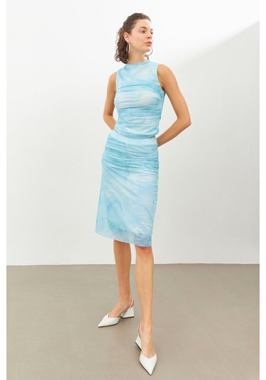 Stella Pulvis Mavi Büzgü Detaylı Beli Lastikli Midi Etek Mavi