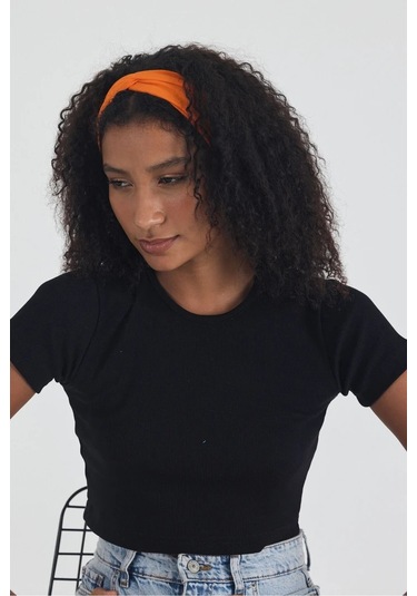 Siyah Kısa Kol Bisiklet Yaka Vücuda Oturan Kaşkorse Crop + Bandana Set %100 Pamumklu, Esnek Rahat Siyah-Turuncu