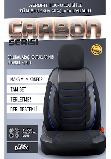 Tofaş Kartal L Uyumlu Lüx Deri Detaylı Oto Koltuk Kılıfı Ön Arka Takım Carbon Siyah Mavi