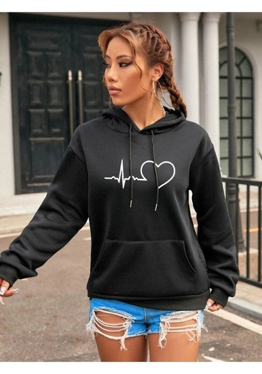 Kadın Kalp Çizgi Baskılı Oversize Kapşonlu Sweatshirt Siyah