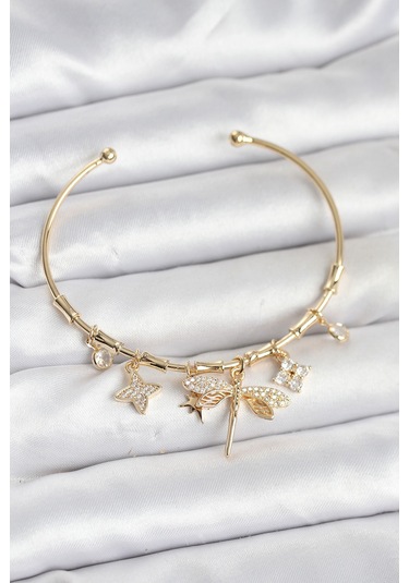 Yusufçuk Charmlı Gold Renk Pirinç Kadın Bileklik Çok Renkli