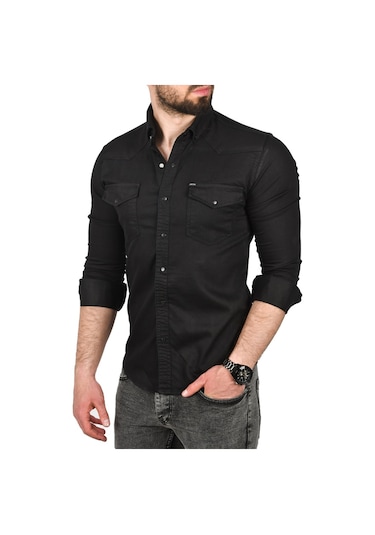 Deepsea Erkek Siyah Slim Fit Pamuklu Cepli Kot Gömlek Çıtçıtlı Uzun Kollu Spor Gömlek 2502503 Siyah