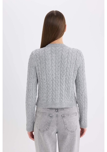 DeFacto Regular Fit Bisiklet Yaka Saç Örgülü Düğmeli Hırka C9044AX25SPGR400 Gri