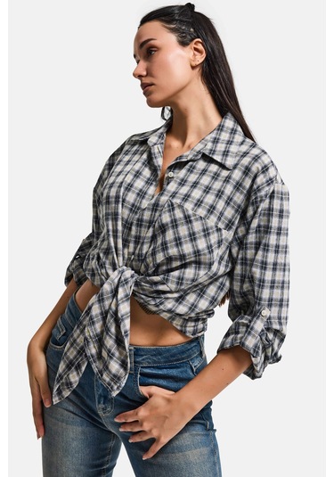 Itsbasic Kadın Siyah Beyaz S6 Ekose-27 Oversize Koton Gömlek