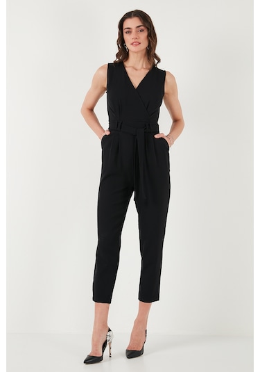 Lela Slim Fit Düz Paça Kruvaze Yaka Kemerli Bayan Tulum 6783626 Siyah