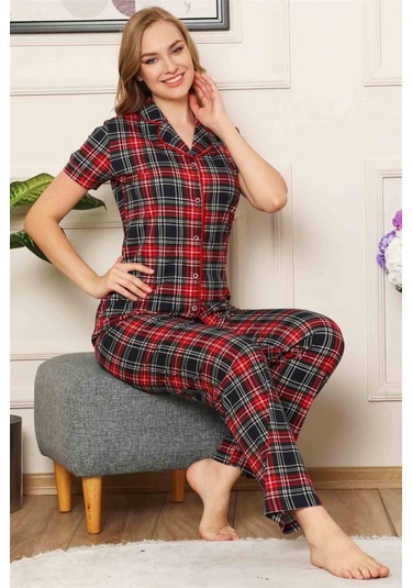 Dreamy Ekoseli Pamuklu Biyeli Kısa Kollu Gömlek Pijama Takımı Siyah Bordo Siyah - Bordo