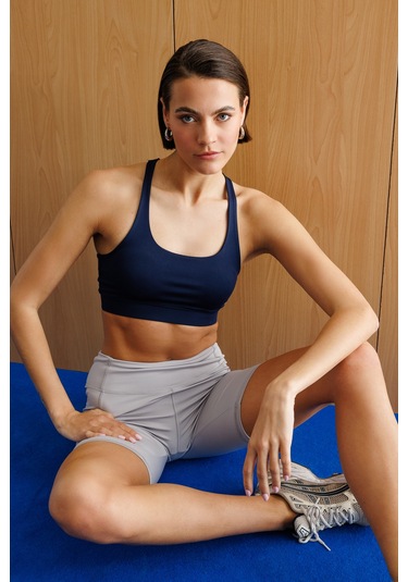 Yüksek Bel Toparlayıcı Çift Cepli Biker Şort Kısa Spor Tayt Kısa-tayt Gri