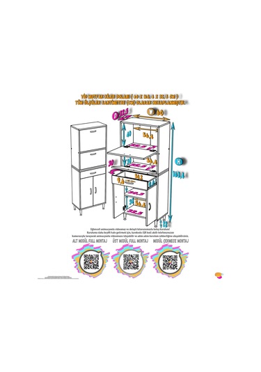 Modilayn Vio 60x163,4x32,5 Cm Yeni Çekmeceli, Kapaklı, Ekmeklikli, Çok Amaçlı Mutfak Dolabı. Beyaz
