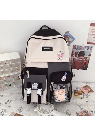 Moveevo Kadınlar İçin Modern Siyah Şeffaf Çift Omuz Çantası - Kuzuluk Askılımlı Ve 3 Adet Kartun Stickerli Okul Çantası Siyah