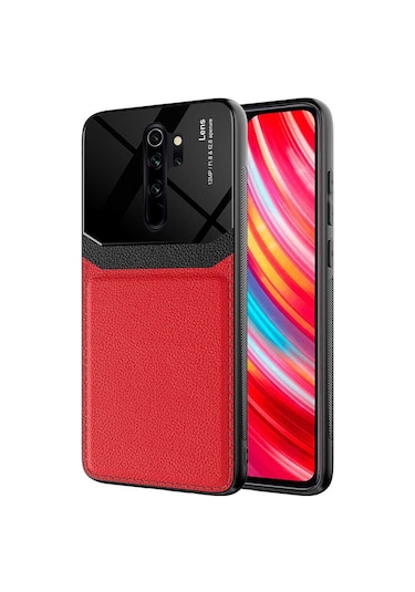 Noktaks - Xiaomi Uyumlu Xiaomi Redmi Note 8 Pro - Kılıf Deri Görünümlü Parlak Mika Tasarımlı Emiks Kapak - Kırmızı