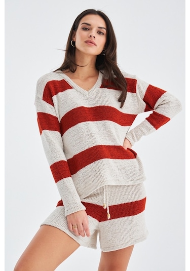 Peraluna Sıena Blouse & Shorts Çizgili Uzun Kollu Kadın Triko Şor Krem