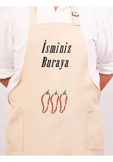 Mutfak Önlüğü Kişiye Ve İsme Özel Nakışlı Mutfak Önlüğü Biber01 Farklı Renkler Krem