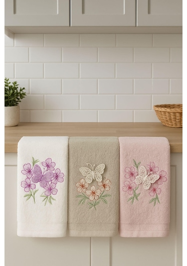 3'lü Lüks %100 Pamuklu Mutfak Havlusu Seti 3d Kelebek Aplikeli 30x50 Cm Çok Renkli