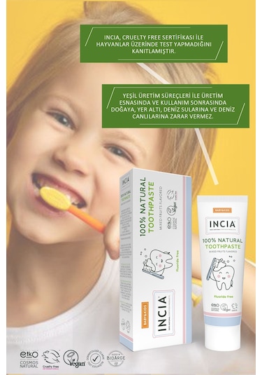 INCIA %100 Doğal Diş Macunu Bebek ve Çocuk Karışık Meyve Aromalı Florürsüz 50 Ml