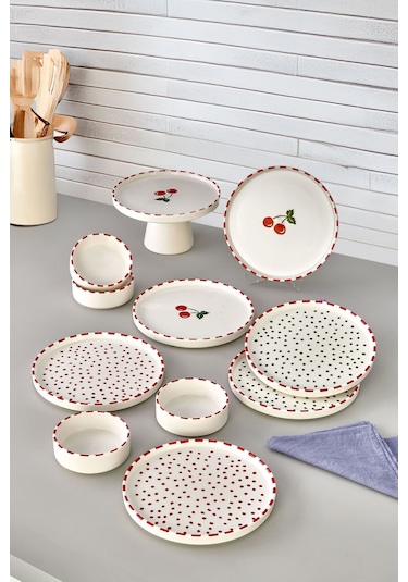 Kitchen Life 11 Parça - 6 Kişilik Cherry Stackable - Kahvaltı Takımı  Kirazlı Kahvaltılık Sunum Tabağı Kırmızı