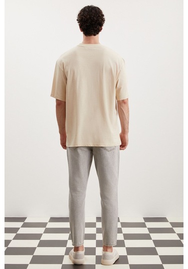 GRIMELANGE Norıs Erkek Regular Fit %100 Pamuk Baskılı Bej T-shirt Bej