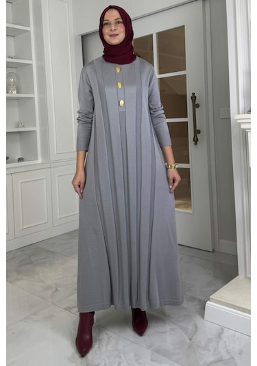 Yaprak Triko Elbise Gri Normal