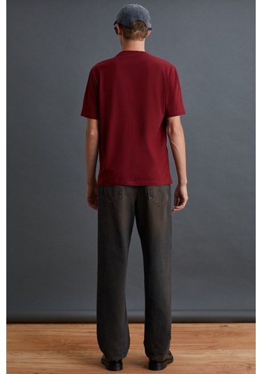 Solo Erkek %100 Organik Pamuklu Kalın Dokulu Comfort Fit Bisiklet Yakalı Bordo T-shirt