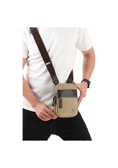 Kanvas Kumaş Telefon Çantası Erkek Postacı Çanta 20 12 Cm Çapraz Askılı Omuz Çantası Mega Çanta Krem