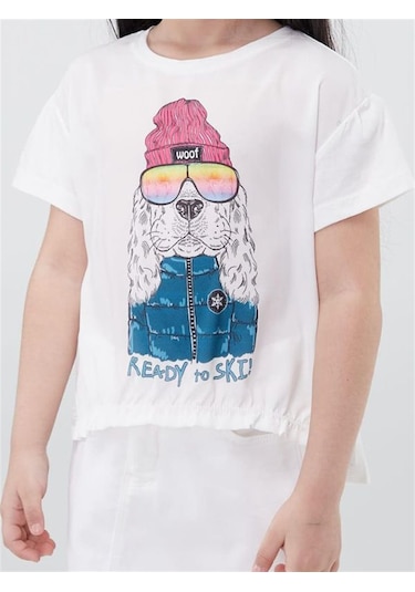Escabel Kız Çocuk Pamuklu Köpek Baskılı Tshirt-12882 Krem