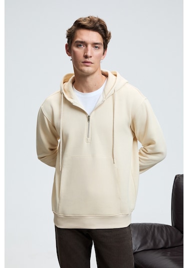 JUSTUS Erkek Kapüşonlu Kanguru Cepli Fermuar Yakalı Krem Sweatshirt