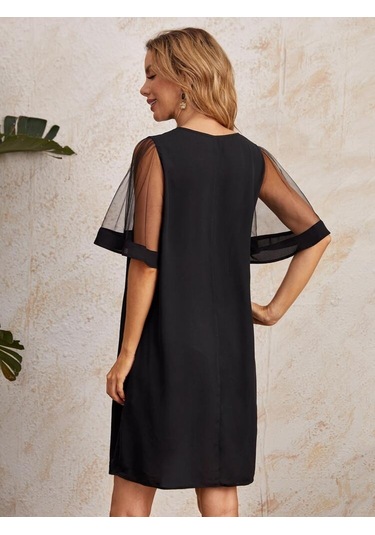 Kadın Tüllü Kısa Kollu V Yaka Krep Elbise Siyah