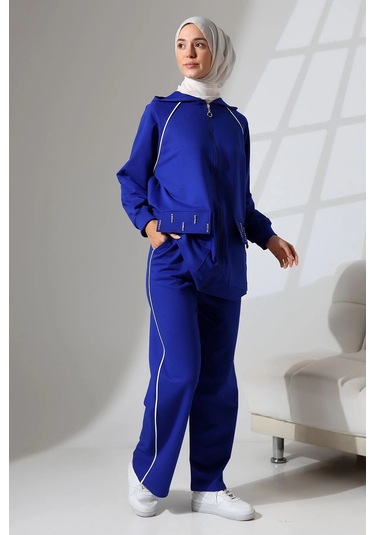Kadın Saks Mavisi Mevsimlik Penye Alt Üst Spor Ve Rahat Ikili Tunik Pantolon Şık Tesettür Takım Saks Mavisi