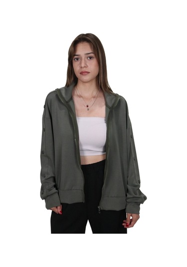 Kadın Modal Kumaş Dik Yaka Rahat Kalıp Haki Ceket Hırka Haki