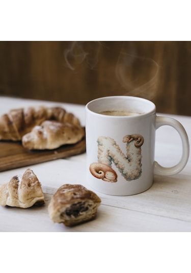 N Harfi Tasarım Bardak, Sevimli Hayvan Temalı Harf Bardağı Beyaz