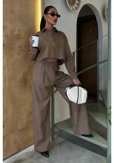 Crop Gömlekli Çizgili Takım 10080 Kahverengi