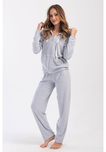 Kadın Kadife Fermuarlı Kapüşonlu Gri Melanj Takım C8t6n2o304 001