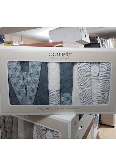 Dantela Premium Cotton Jakarlı Aile Bornoz Seti-Mery Krem Petrol Petrol - Krem