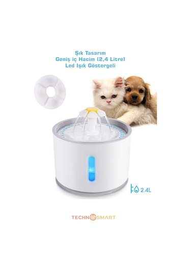 TechnoSmart Kedi Köpek Su Çeşmesi Su Pınarı Kabı Led Işık Göstergesi