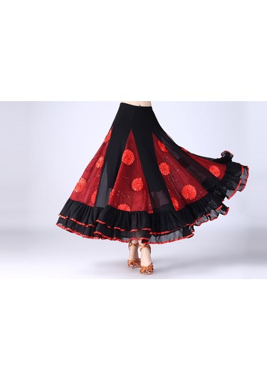 Sones Pullu Çiçek Salıncak Modern Dans Eteği Gül Kırmızısı Siyah - Fuşya