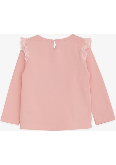 Breeze Kız Bebek Uzun Kollu Tişört Danscı Kız Baskılı Güpürlü 9 Ay-3 Yaş, Pudra-pudra Pudra