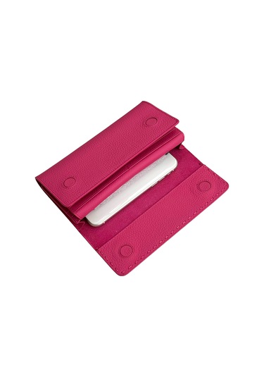 Fuşya %100 Hakiki Deri Dikiş Detaylı Gizli Mıknatıslı Kapaklı Özel Tasarım Kadın Cüzdan Portföy Fuşya