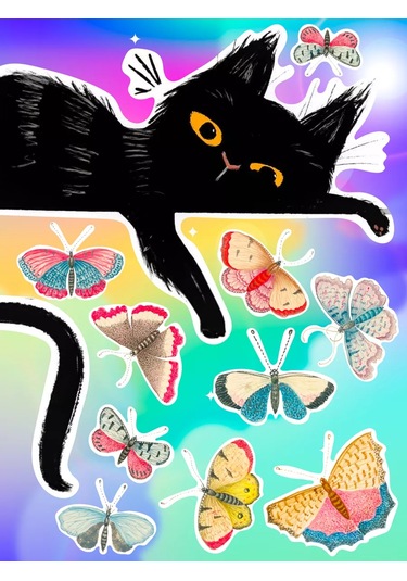 Artenuevo İç Mekan Pencere Çıkartmaları Kedi Ve Kelebekler 196470896 Yeşil