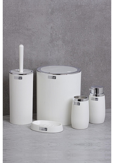 Okyanus Home Beyaz Kromlu Çizgili Yuvarlak 5'Li Banyo Seti Beyaz